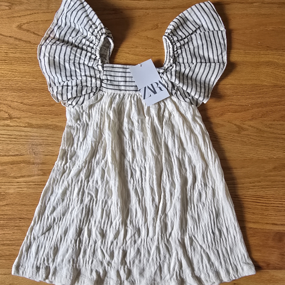 Zara Blue and White Pleated Ruffle Dress
